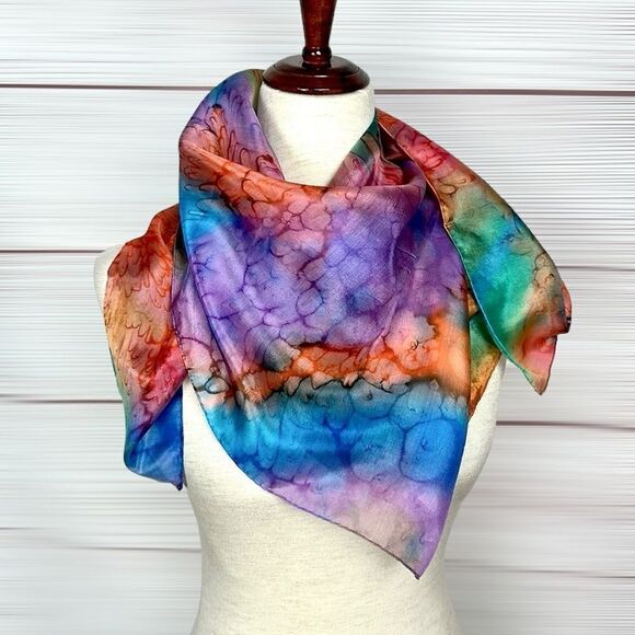 Silk Square Scarf by Lotus Watercolor Tie Dye 35" Blue Orange Green Hand Rolled - Picture 4 of 11